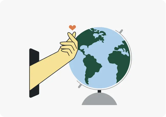 illustration of a hand making a heart next to a globe