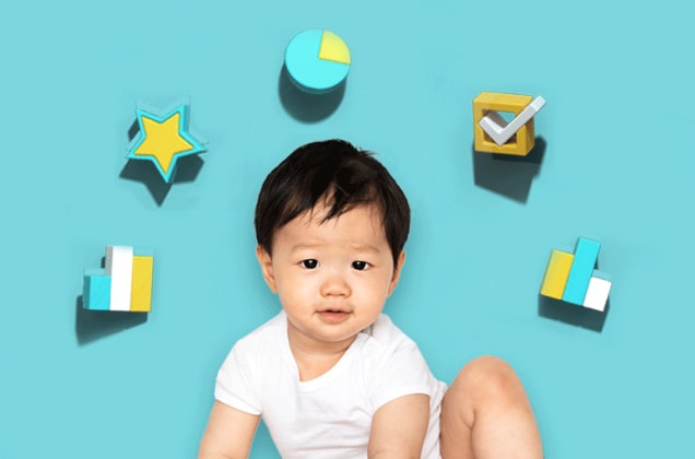 Baby umgeben von verschiedenen Symbolen für Grafiken und Diagramme