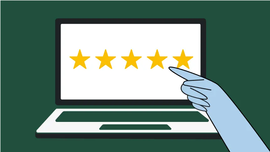 Hand pointing to laptop screen with 5 stars