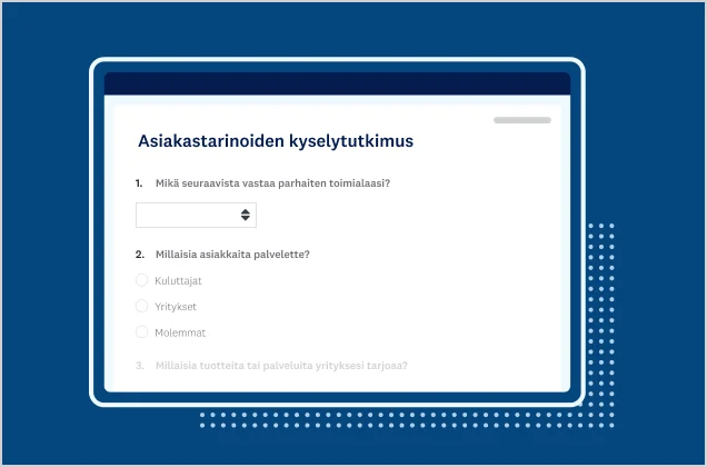 Näyttökuva SurveyMonkeyn asiakastarinoiden kyselytutkimusmallista